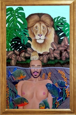 Self-portrait with a lion and piranhas - Kryštof Novotný